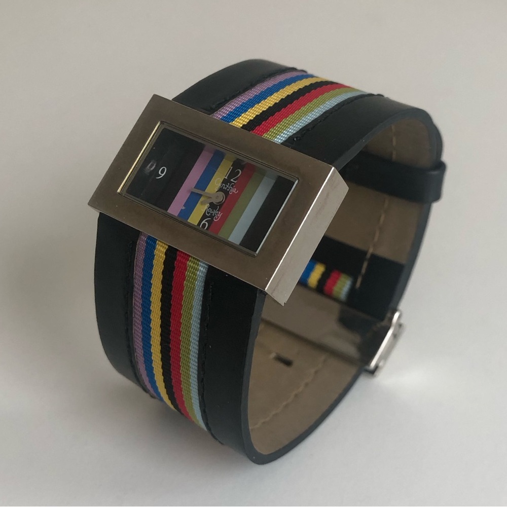 Cynthia Rowley Watch Black Leather with Stripes - discount shipping